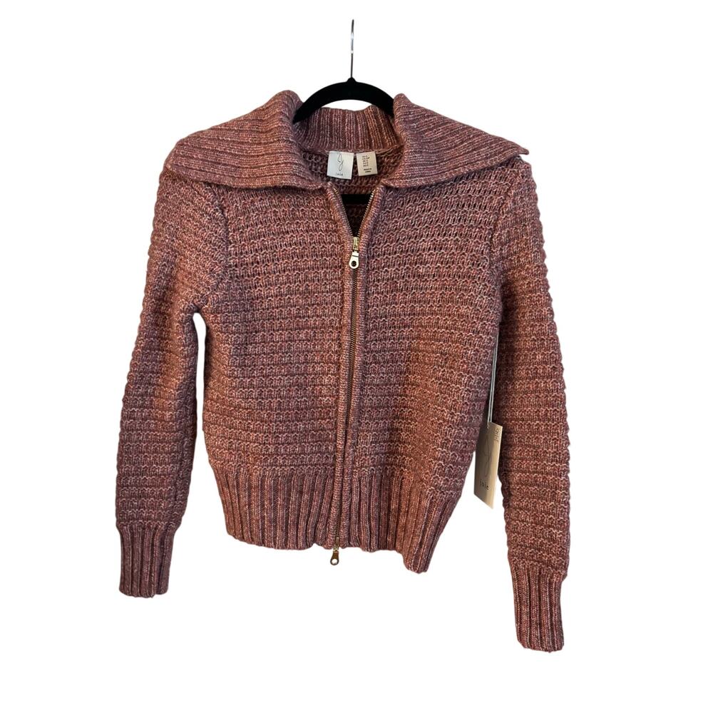 Joie Women’s Chunky Knit Sweater Cardigan Zip Up Pink Collared 2 Side Zipper S